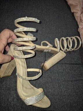 New Rhinestone Spiral Gladiator Block Heels Sz7